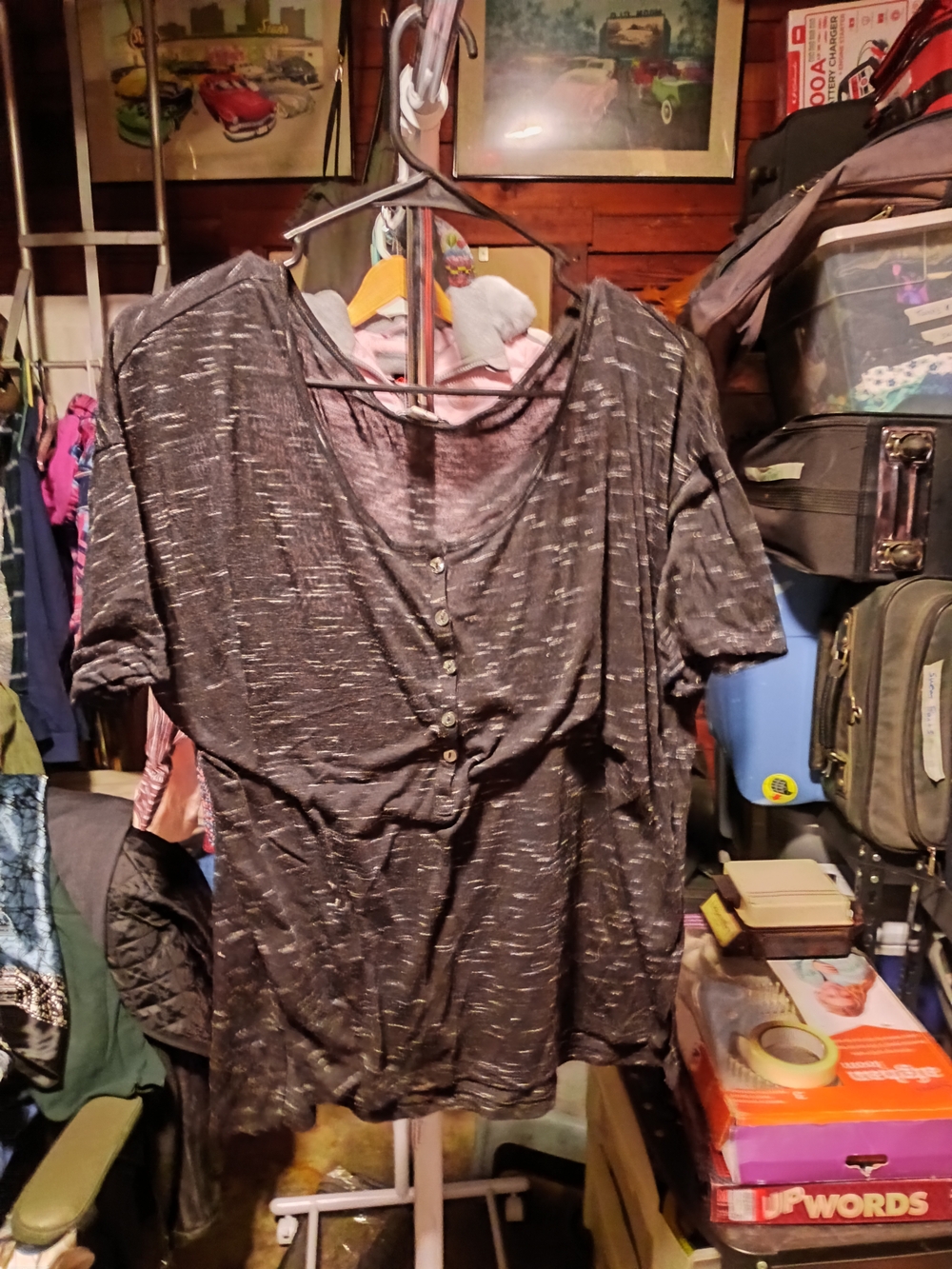 Old Navy Black Heathered Short Sleeve Button-Front Tee